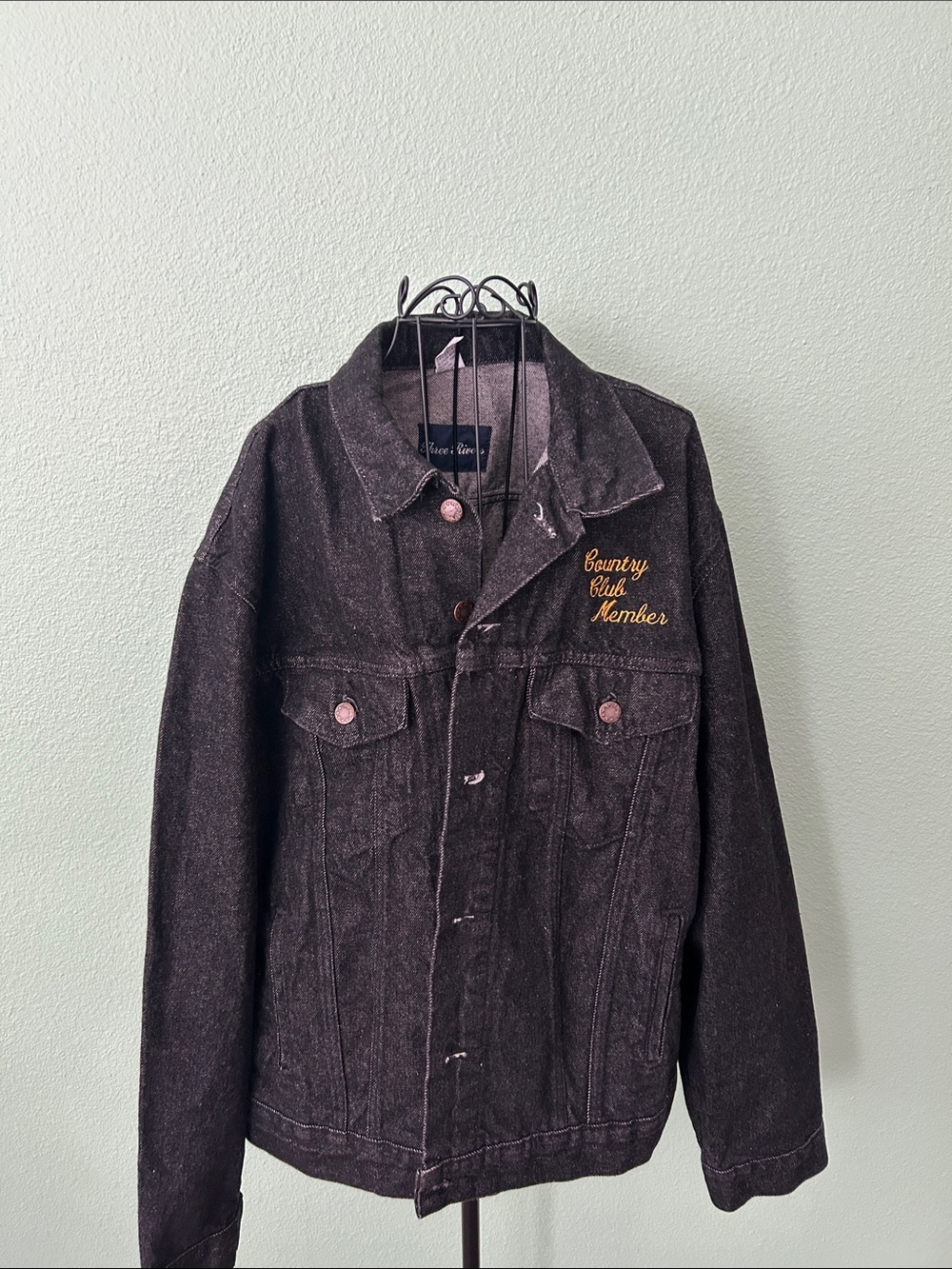 Embroidered 'Country Club Member' Black Denim Jacket